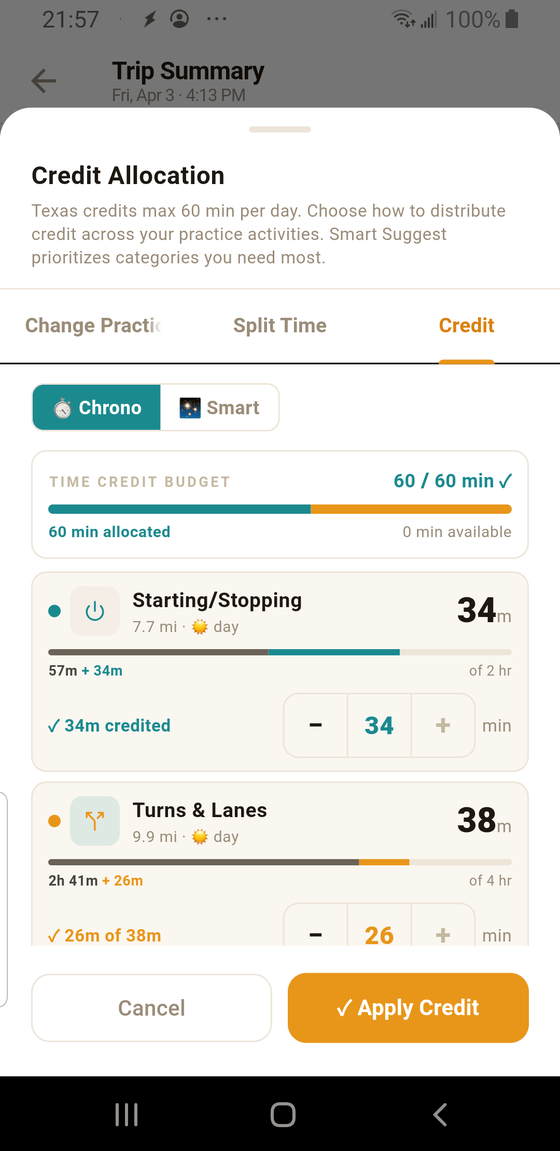 The Credit Allocation tab showing Chrono/Smart toggle, a 60/60 min time credit budget bar, and per-category rows with credited minutes and − / + steppers
